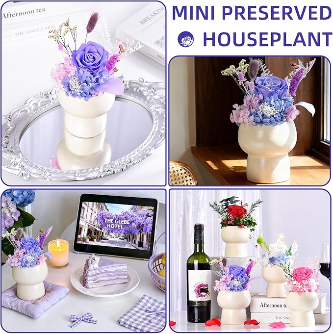 Preserved Floral Gift Set, Everlasting Rose in Small Ceramic Pot - Lasting Beauty for Home Table Decor, Mother's Day, Valentine's Day, Birthday, and Anniversary (Purple)
