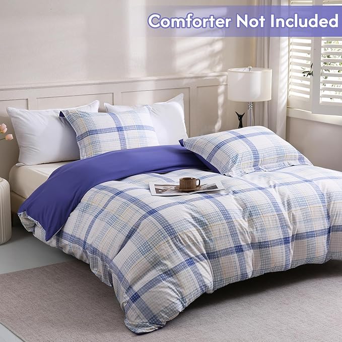 LONAVA King Plaid 3 Pcs Duvet Cover Set, Breathable Soft Microfiber Peri Lining Comforter Cover with Zipper Closure, and 2 Anti-Pilling, Fade Resistant Pillowcases, Blue Plaid