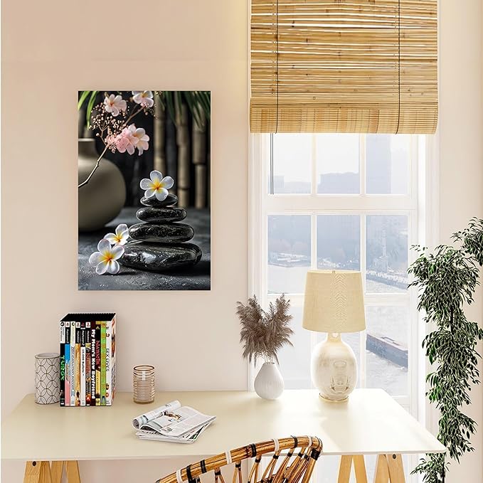 A harmonious black stone stack paired with white and pink flowers bamboo and ceramic vases creates a tranquil Zen decor for minimalist homes and mindful spaces 12x18in Wood Framed