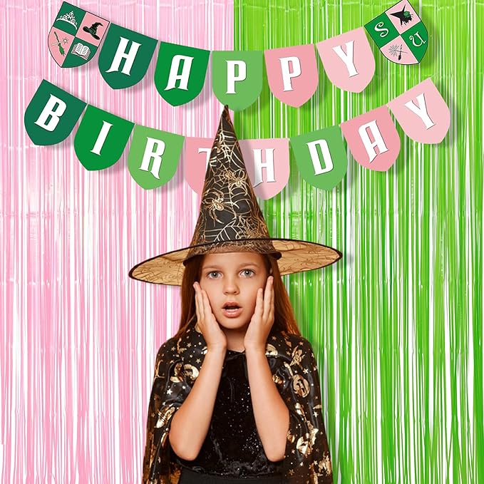 BRAVESHINE Party Streamers Backdrop - 2 Pack 3.2ft X 8.2ft Tinsel Foil Fringe Curtains for Christmas/Fairy/Girl/Birthdays/Wizard/Bridal/Baby Shower/Photos Booths/Pink and Green Party Decorations