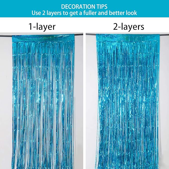 Melsan 2 Pack 3.2 ft x 8 ft Teal Tinsel Foil Fringe Curtains Backdrop, Blue Sparkle Metallic Foil Curtains for Ocean Birthday Party Decorations