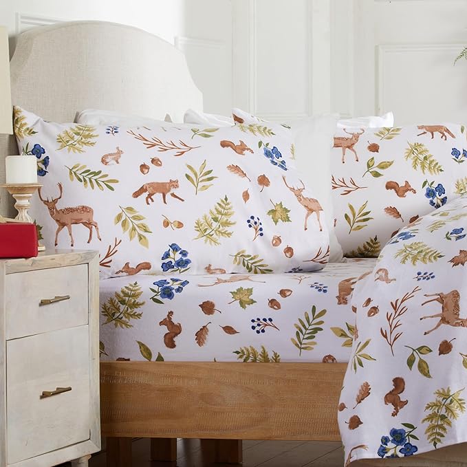 Market & Place 100% Cotton Full Flannel Sheet Set | 4 Piece Deep Pocket Novelty Cozy Winter Bed Sheets | Double Brushed for Extra Softness & Comfort | Alpine Collection (Full, Woodland Forest)