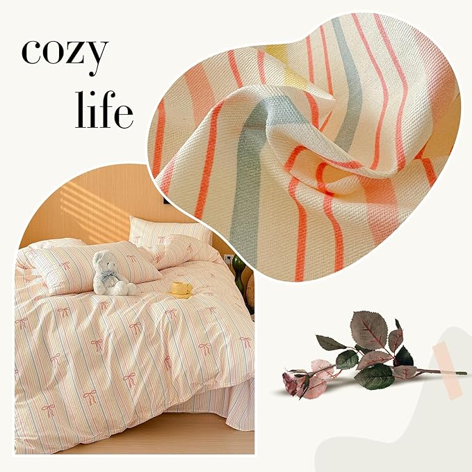 AOJIM Pink Bow Duvet Cover Set 3PCS for Kids Adults, 1 Soft Durable Pure Cotton Comforter Cover Queen Size and 2 Pillowcases, Rainbow Striped Bedding Duvet Cover Set for Room Decor, Machine Washable