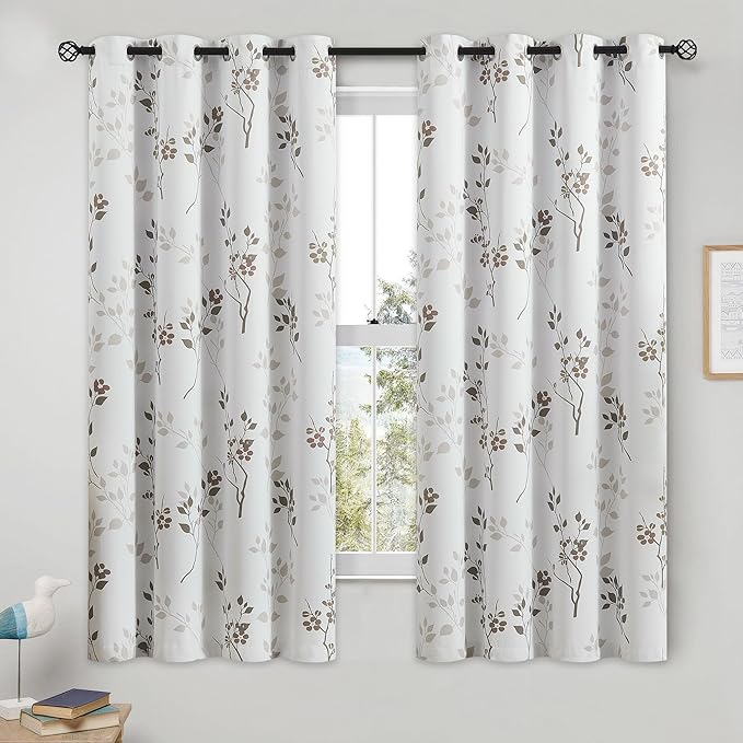 Beauoop Floral 100% Blackout Curtains 54 Inch Length 2 Panels for Bedroom Living Room Tan Brown and White Flower Patterned Room Darkening Thermal Soundproof Grommet Window Treatments Drapes, 52X54