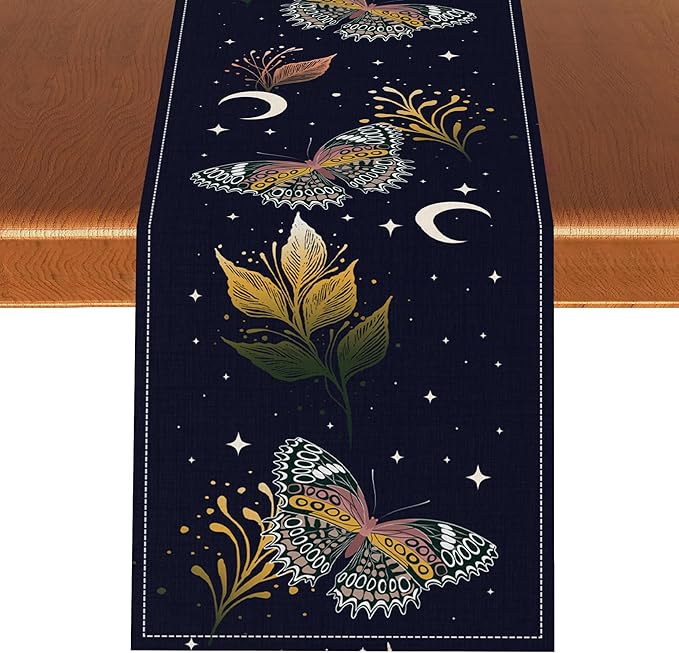 Gothic Moth Table Runner, Boho Gothic Floral Butterfly Sun Moon Mystical Witchy Starlight Coffee Table Center Decor for Home Kitchen Dining Patio Holiday Party Table Decorations 13x36 inches