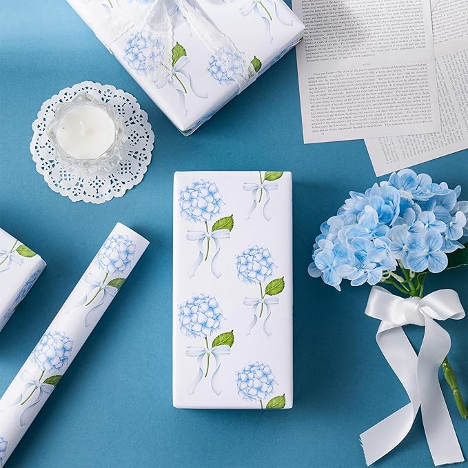 LeZakaa Blue Hydrangea Wrapping Paper Roll for Girls Women, Hydrangea Flowers & Bows Design for Wedding, Bridal Shower, Baby Shower, Mother's Day, DIY Bouquet, Mini Roll, 17 inches x 16.4 Feet