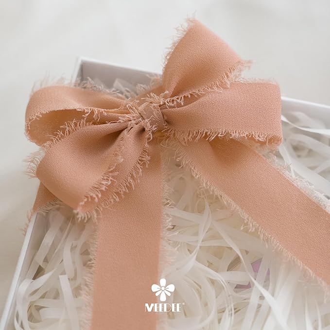 MEEDEE Peach Chiffon Ribbon 1 Inch Frayed Ribbons Orange Chiffon Silk Fringe Ribbon Thin Chiffon Ribbons for Crafts, Gift Wrapping, Wedding Invitation (3 Rolls 21 Yards)