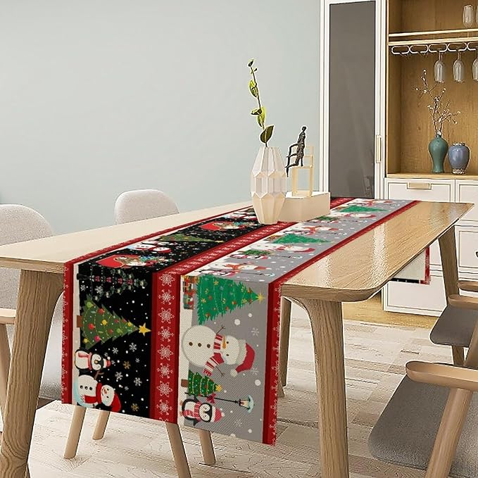 Christmas Table Runner,Cartoon Snowman Tree Xmas Deer Elk Santa Claus Print Tablecloth Burlap for Hotel Indoors Outdoor Dining Room Kitchen Home Decor,W13X L60 in