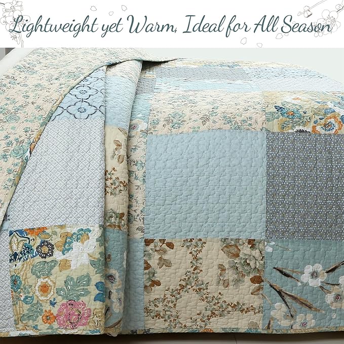 Cozy Line Home Fashions 100% Cotton Classic Patchwork Bedding Quilt Set, Blue Gray Teal Taupe Bohemian Style Reversible Bedspread Coverlet (Carolina Bloom, Queen - 3 Piece)