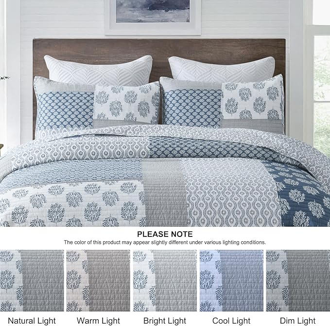 PANGUSHAN Quilt Set Queen Size, 100% Cotton Bedspread Quilt Bedding Set, Patchwork Reversible Floral Quilt for Queen Bed, Blue/Grey/White Bed Spread, Lightweight Comforter for All Season, 3 Pieces
