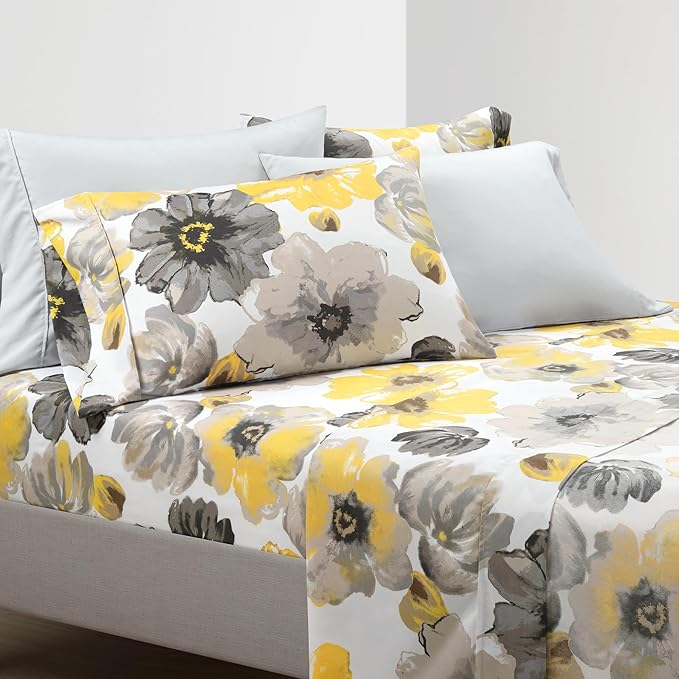 Lush Decor Leah Soft Floral Sheet Set, 6 Piece Set, Queen, Yellow & Gray- Queen Size Sheet Set - Printed Bedding - Watercolor Florals - Farmhouse Décor