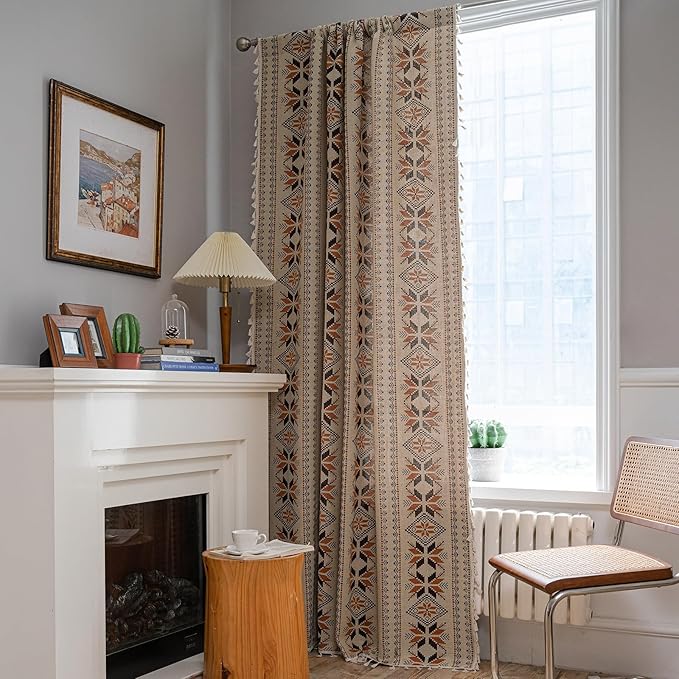 Boho Curtains 96 Inch Length 2 Panels Geometric Patterned Drapes Bohemian Semi Sheer Rod Pocket Tassel Window Curtain Panels for Bedroom Living Room Farmhouse Coffee Brown Vintage Rustic Curtains