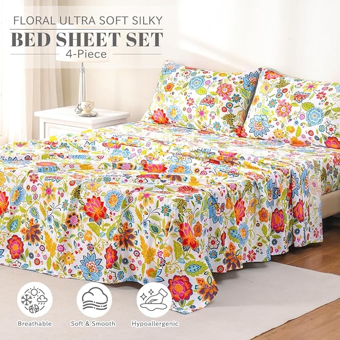 Bedlifes Full Sheet Set Ultra Soft, Breathable, Silky Flower Deep Pocket 100% Microfiber Bedding, 4 Piece Full Size with Floral Spring Design