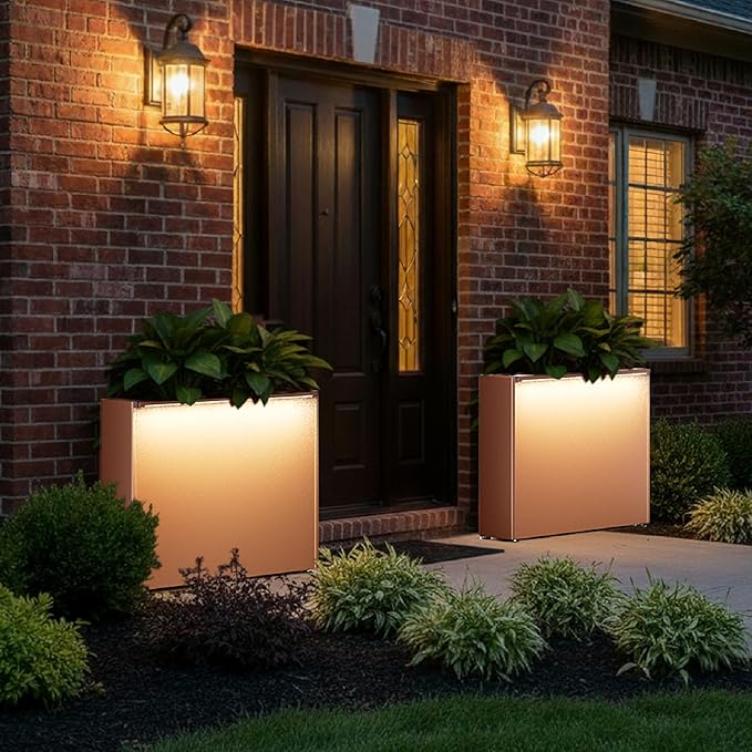GSK Lighted Brown Metal Planter Box with LED Outdoor | Indoor Rectangular Flower Trough Built-in Light Versatile Rectangle Lighting Planters Easy Assemble Insert Drainage Hole Porch Patio Tarrace Yard