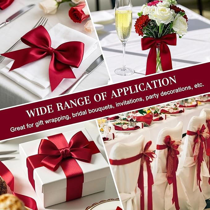 1-1/2 Inches 50 Yards Wine Red Satin Ribbon, Solid Fabric Ribbon Roll for Flower Bouquets, Gift Wrapping, Wedding, Handmade Crafts