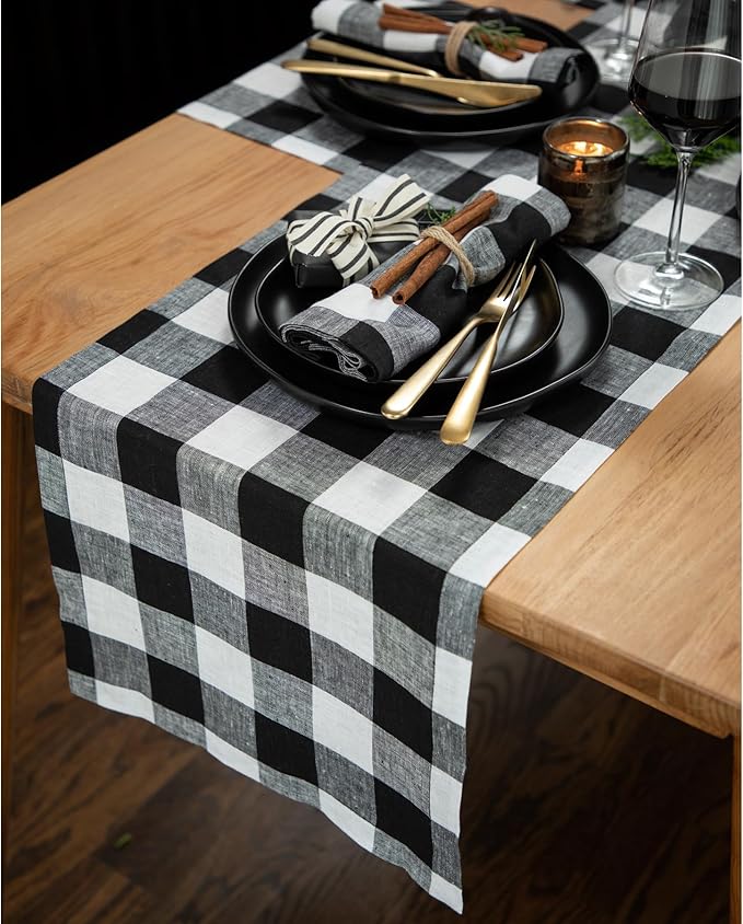 Solino Home Linen Checkered Table Runners 90 Inches Long - 100% Pure Linen Black and White Buffalo Check Table Runner 14 x 90 Inch Ideal for Dining