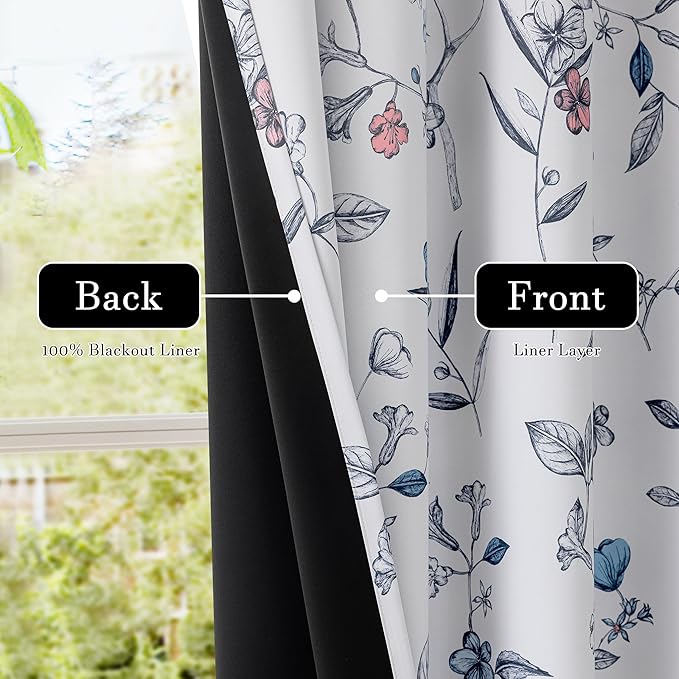 ChrisDowa 100% Blackout Floral Curtains 108 Inches Long 2 Panels for Bedroom Living Room Navy Blue Flower Patterned Room Darkening Thermal Insulated Soundproof Grommet Window Treatments Drapes,52X108