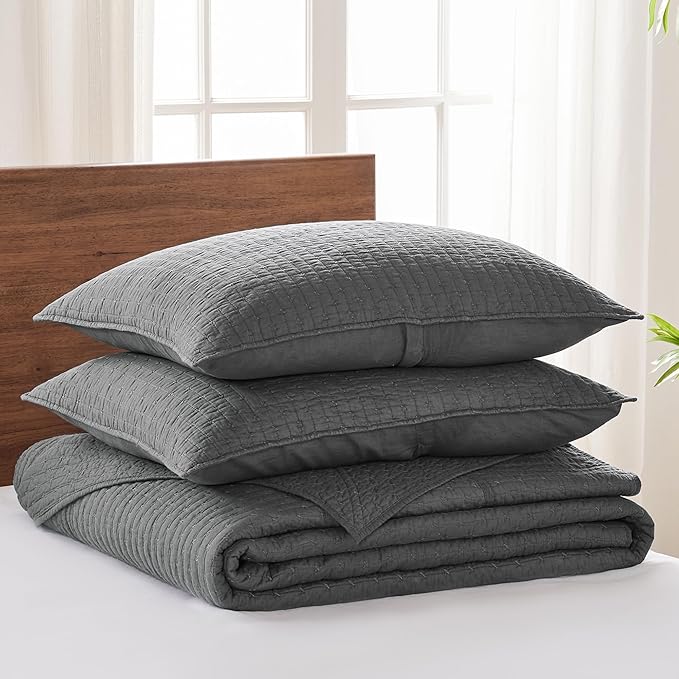 Levtex Home Cross Stitch Reversible Full Bedspread Set (100x104in) with 2 Pillow Shams (26x20in) - Stitch Texture - Charcoal - Cotton Full Size Bedspread Set - Lightweight, Soft, Pre-Washed