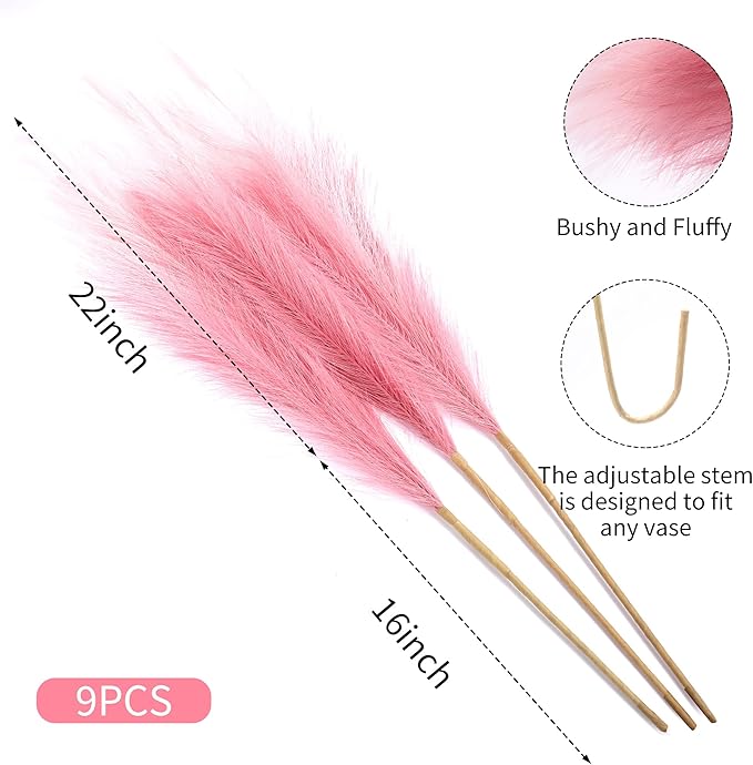 9 Stems Pink Pampas Grass - 38 Inch Large Fluffy Faux Pompous Grass Decor, Long Artificial Colored Pompas Floral for Vase Filler, Wedding Centerpieces and Home Decor (Pink)