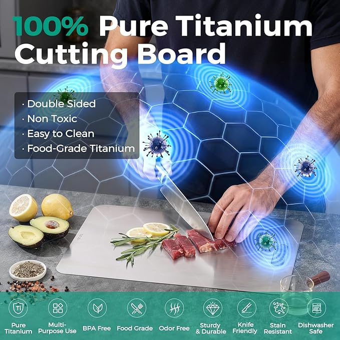 Katuchef Titanium Cutting Board - Upgraded 100% Pure Titanium Cutting Boards for Kitchen Non Toxic, Double-Grade Hygiene Durable Non Moldy Dishwasher Safe Meat Fruit Metal Board (2PC S+L)