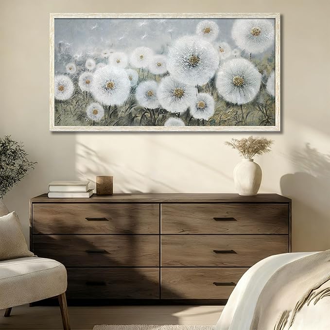 Ardemy Dandelion Wall Art Large Framed Floral Canvas Art Wall Decor Living Room Flower Paintings Pictures Textured Artwork For Walls Dining Room Bedroom Home Office, 48"x24"