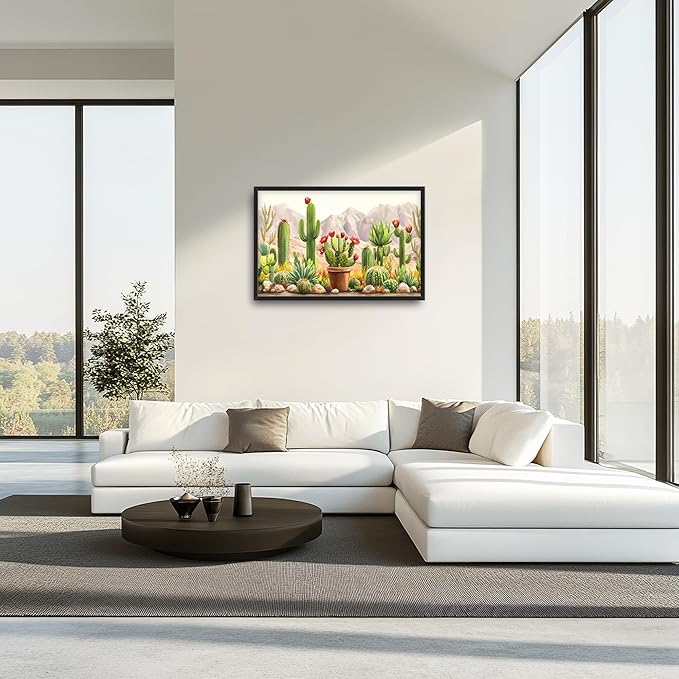 Western Cactus Succulents Large Decor Wall Art Framed Pictures for Living Room, Desert Landscape Oversized Canvas Print Painting Modern Extra Large Framed Artwork for Bedroom Office 36"x24"