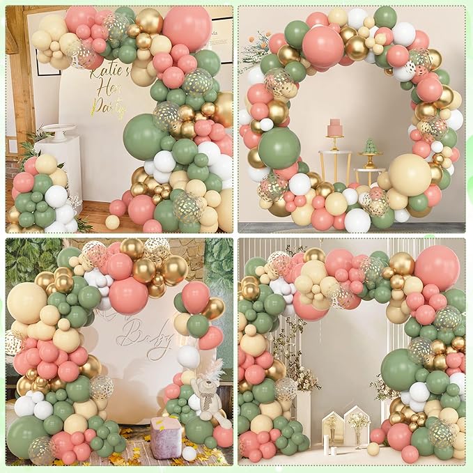 Amandir 153pcs Retro Green Pink Balloon Garland Arch Kit, Different Sizes 18 12 10 5 inch White Dusty Pink Latex Metallic Confetti Balloons for Jungle Safari Birthday Party Baby Shower Decorations