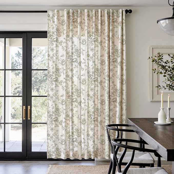 jinachan Linen Floral Curtains Extra Wide for Patio Sliding Glass Door Room Divider Curtain for Living Room Christmas Drapes 84 Inch Length Farmhouse Peony Green Printed Curtain Set 1 Panel