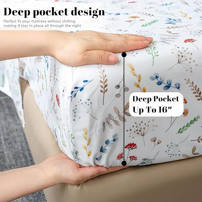 Bedlifes Full Sheet Set Ultra Soft, Breathable, Silky Flower Deep Pocket 100% Microfiber Bedding, 4 Piece Full Size White Floral