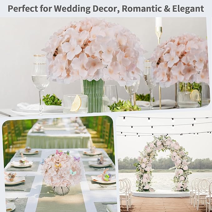 64PCS Artificial Hydrangea Flowers with Stems, Silk Hydrangea Heads with LED Decorative Lights, Crystal Strings & Butterfly Accents for Wedding Centerpieces and Home Decor(64, Pink)