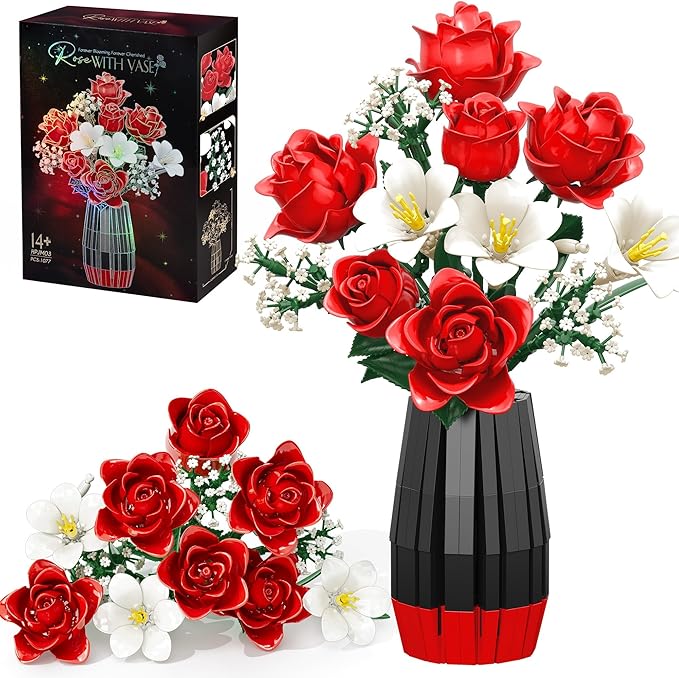 Rose Flower Building Blocks with Vase Set for Adults, Christmas Artificial Flower Bouquet Botanical Collection Bricks Anniversary Birthday Gifts for Her Women Mom Grandma Wife Men Home Decor -1077PCS