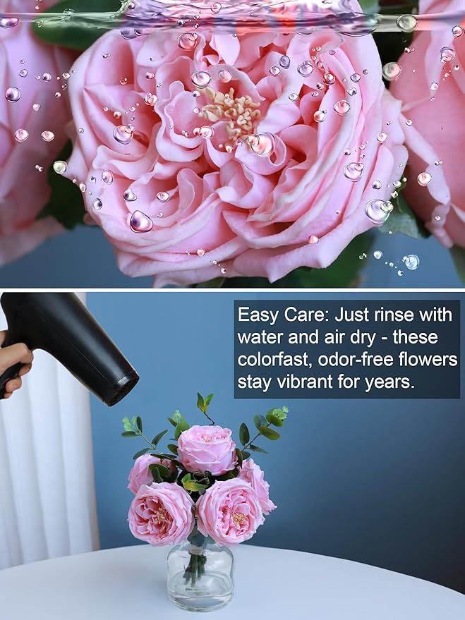 Forlaoers Real Touch Pink Floral Rose Fake Flower Bouquet in Fake Water Silk Flower Arrangements Artificial Flowers with Vase Centerpieces for Center Table Decor Dining Room House Kitchen Decorations