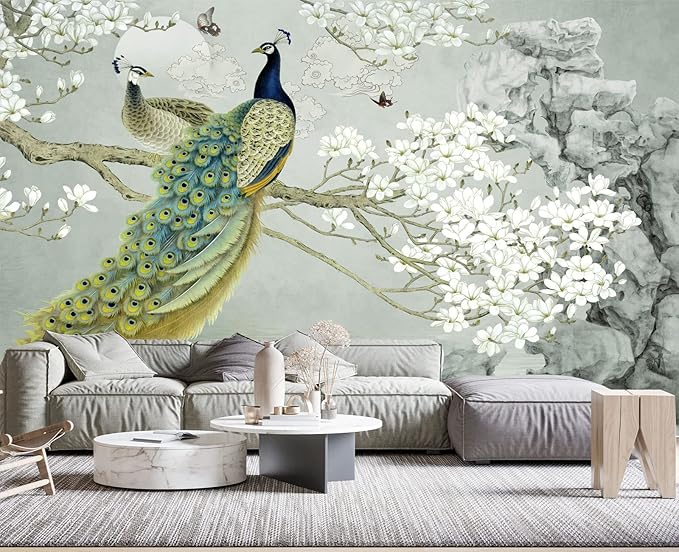 Magnolia Flower Peacock Chinoiserie Wallpaper for Bedroom 137" x 100"