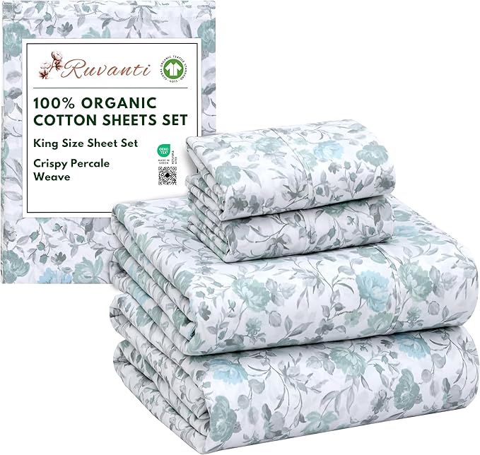 RUVANTI 100% Organic Cotton Sheets King Size, Percale Weave, GOTS Certified, 4-Piece Set, Deep Pocket 15", Crisp & Breathable, Soft Durable Bedding, Sábanas Algodón Orgánico – Cold Chrysanthemum