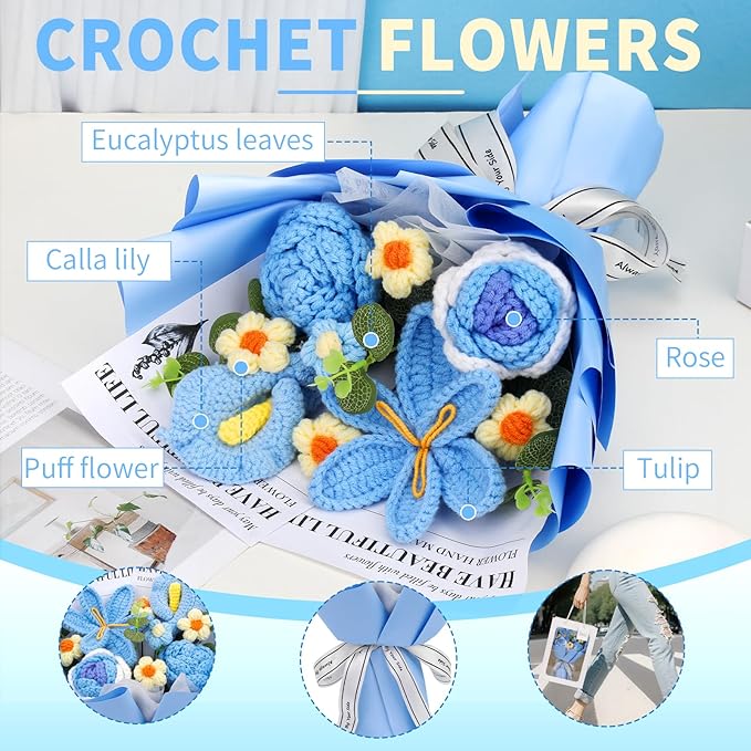 Crochet Flowers Bouquet, Handmade Crochet Flowers Knitted Bouquet, Tulips Flower Bouquet and Calla Lily for Birthday, Gifts for Women, Valentines (Blue)