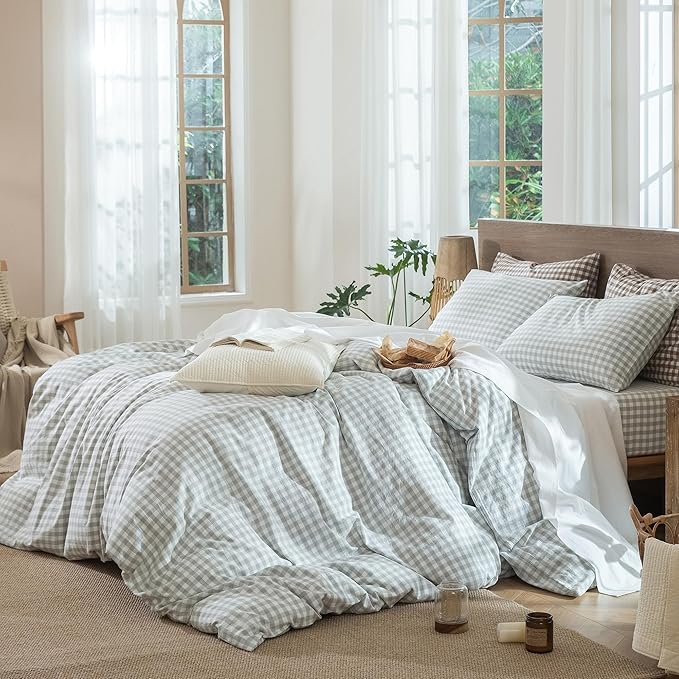 MooMee Gingham Duvet Cover Set 100% Washed Cotton Linen Like Textured Breathable Durable Soft Comfy Modern Checkered Design (Northern Droplet Grey Gingham, Oversized Queen 98"x98")