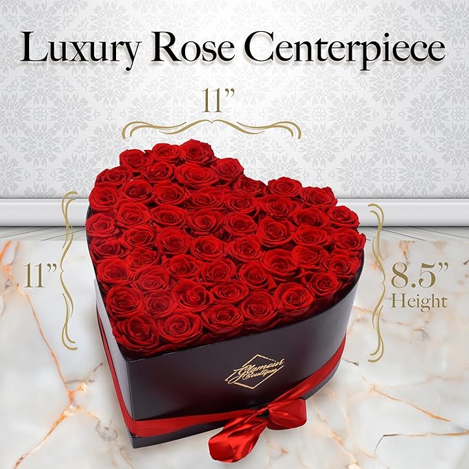 GLAMOUR BOUTIQUE 50 Flower Forever Heart Shape Box - Preserved Roses Gift for Her, Preserved Flowers, Red