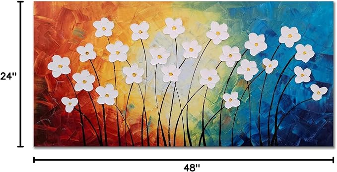 Yihui Arts Hand Painted Textured Flower Oil Painting on Canvas - Colorful Abstract White Floral Artwork for Home Decor, Modern Wall Art for Living Room, Bedroom, Office