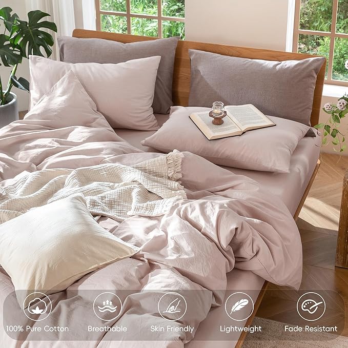 MooMee Bedding Duvet Cover Set 100% Washed Cotton Linen Like Textured Breathable Durable Soft Comfy (Heathered Greyish Pink, Full 80"x90")