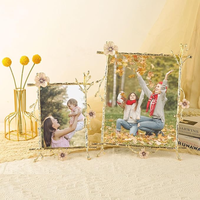 8x10 Gold Pink Flowers Picture Frame Art Decor Ornate Floral Metal Photo Frames High Definition Glass Front Tabletop Display, Gifts Ideas for Women on Weeding