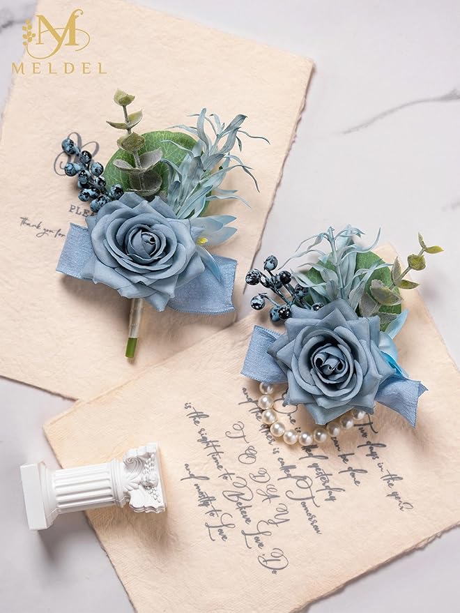 Meldel Dusty Blue Corsage and Boutonniere Set, Rose Boutonniere for Men, Prom Flower Wrist Corsage Bracelets, Homecoming Corsages Wristlet, Men Boutonnieres for Wedding Flowers Accessories Prom Suit