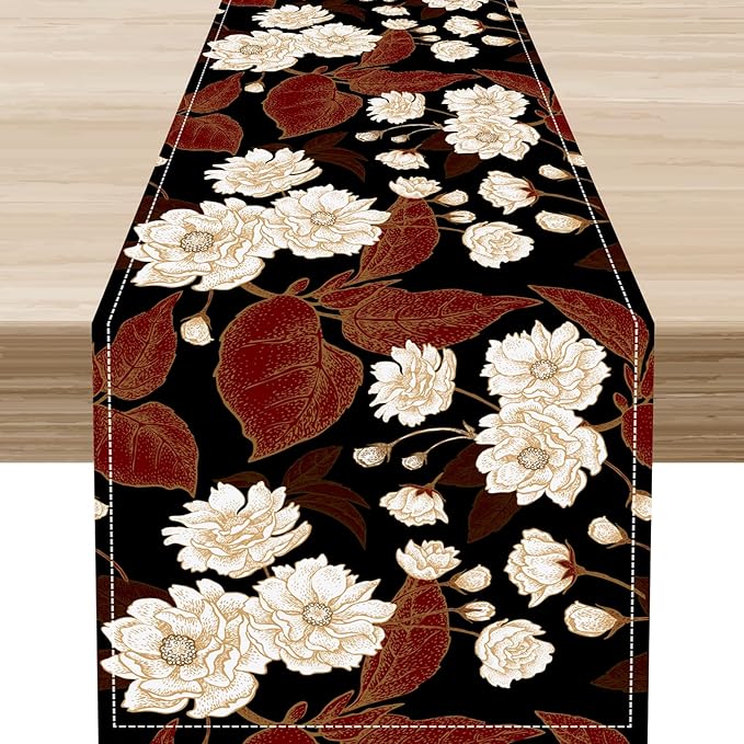 Boho Floral Table Runner, Black White Minimalist Vintage Rustic Flower Botanical Leaf Print Table Center Decor for Family Kitchen Table Decorations Indoor Outdoor 13x36 inch