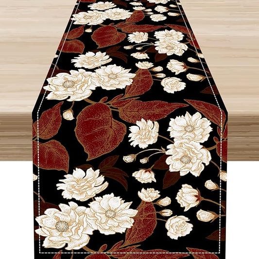 Boho Floral Table Runner, Black White Minimalist Vintage Rustic Flower Botanical Leaf Print Table Center Decor for Family Kitchen Table Decorations Indoor Outdoor 13x90 inch