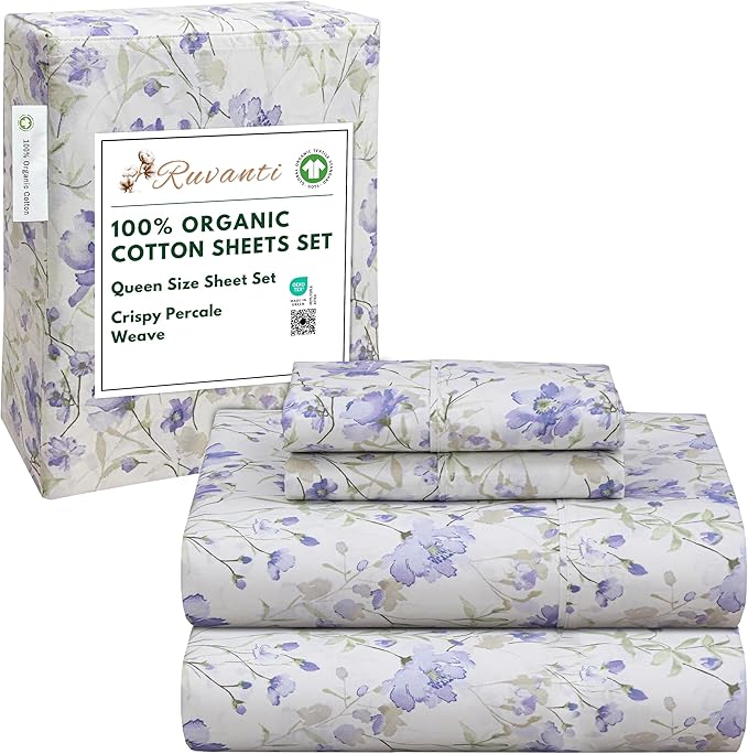RUVANTI 100% Organic Cotton Sheets Queen Size, Percale Weave, GOTS Certified, 4-Piece Set, Deep Pocket 15", Crisp & Breathable, Soft Durable Bedding, Sábanas Algodón Orgánico – Heather