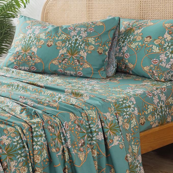 Zusbest Floral Sheets King Bed Sheets Set Boho 100% Cotton Percale Shabby Vintage Teal Blue Orange American Style Bedding Luxury Soft Breathable Crisp Bed Deep Pocket Fitted Sheet 4 Piece