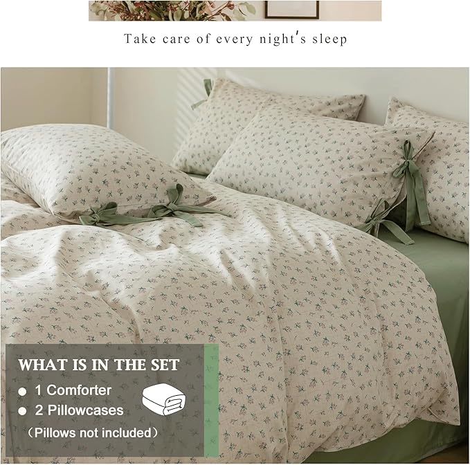 VM VOUGEMARKET Queen Comforter Set Green Floral Prints,Cottagecore Blooming Bedding Set,1 Down Alternative with 2 Bowknot Pillowcases for All Seasons-90 x90