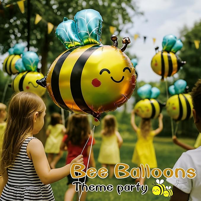 16 Pack Bee Balloons Smile Face Bee Foil Mylar Balloons For Baby Shower & Birthday Party & Bee Party Decorations Black Bee Honeycomb Theme Fall Balloon Arch Kit