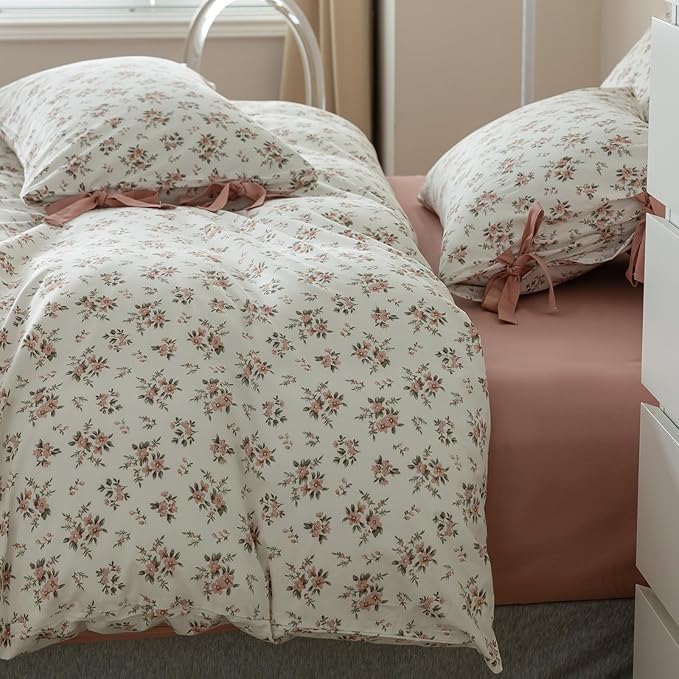 Pink White Duvet Cover Set Full 3 Pieces Blush Pink Flower Duvet Cover with 2 Bow Ties Pillowcases,Cottagecore Bedding Set 100% Cotton Vintage Country Comforter Cover without Filling-80"x90"