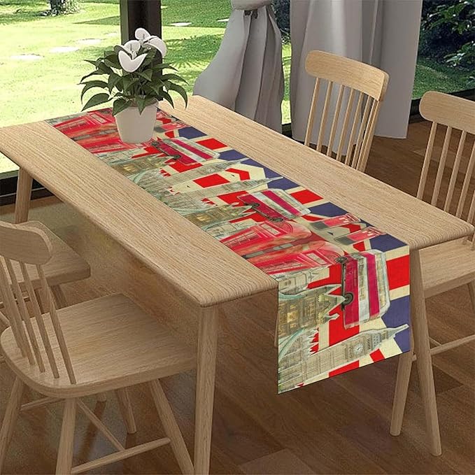 British Table Runner, Seasonal Vintage Buildings England London Culture Element Coffee Table Center Decor for Home Kitchen Dining Patio Holiday Party Table Decorations 13x72 inches