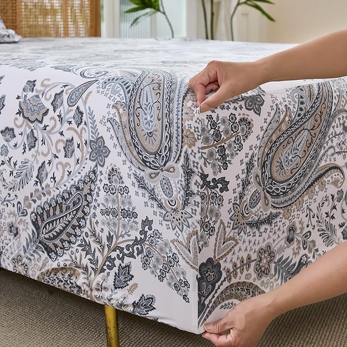 100% Cotton Sheet Set Queen Size – 4-Piece Luxury Grey Paisley Bedding Set, Extra Soft Breathable Percale Weave, Deep Pocket Fitted Sheet 17.5", Crisp Cool Feel Bed Sheet